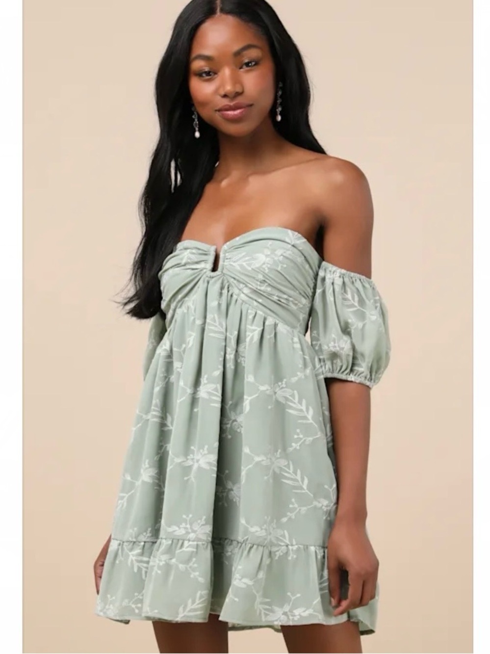 Lulus Cutest Icon Sage Green Embroidered Off-the-Shoulder Mini Dress Size S NWT